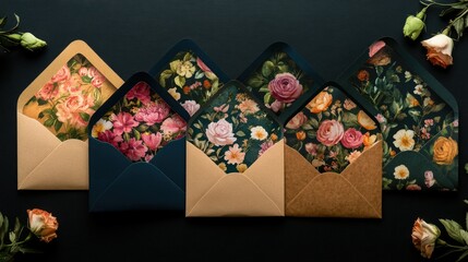 Obraz premium Floral craft envelopes for weddings, arranged on a black background with plenty of room for copy or branding.
