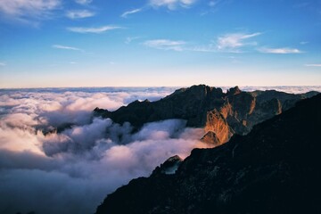 Madeira Island, sunset, mountains in the clouds