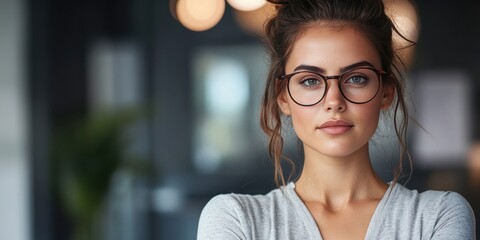 Confident Young Woman in Glasses Posing in Modern Workspace Environment