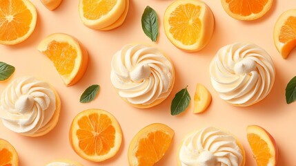 Orange and creamy treats on a flat peach background. A perfect summer picture.