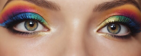 Naklejka premium Close-up view of vibrant rainbow eye makeup featuring bold colors on eyelids, highlighting artistry and creativity in makeup application