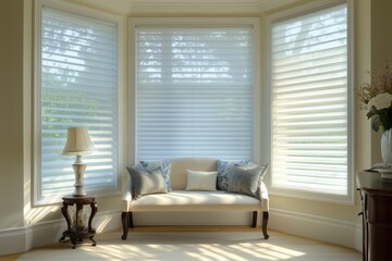 Fototapeta premium Large bay window with elegant sheer blinds softly filtering the natural light, adding a dreamy touch to the room.
