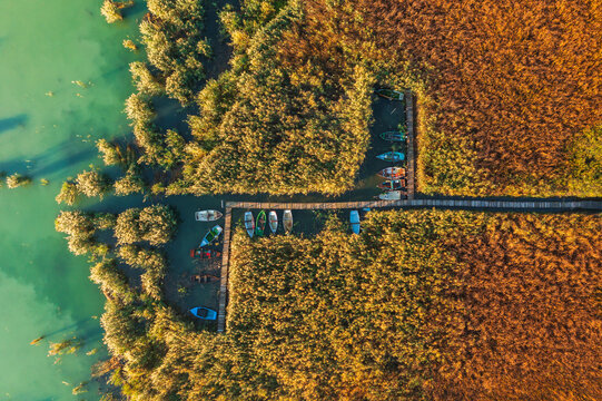 Aerial top down view about fishing boats in the reeds at Tihany, Balaton still life.