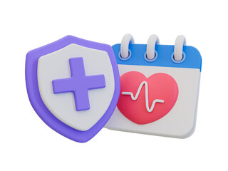 3D illustration of a shield with a medical cross next to a calendar featuring a heart with a pulse line, symbolizing medical appointments.