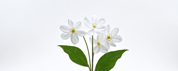 Fototapeta premium Elegant white flowers with green leaves against a light background in a simple, serene arrangement perfect for spring decor