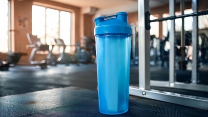 Obraz premium empty blue shaker bottle in gym. blurred background