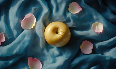 Naklejka premium A golden apple sits on a blue cloth with pink petals scattered around it