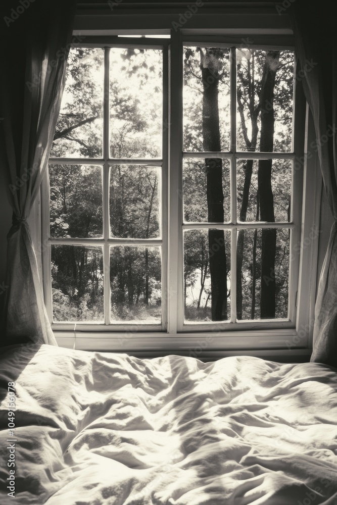 Aufkleber window with a view of trees and a bed with a blanket. scene is peaceful and relaxing