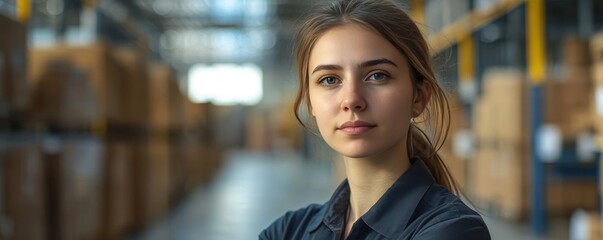 Confident Young Woman in Warehouse Setting with Boxes in Background