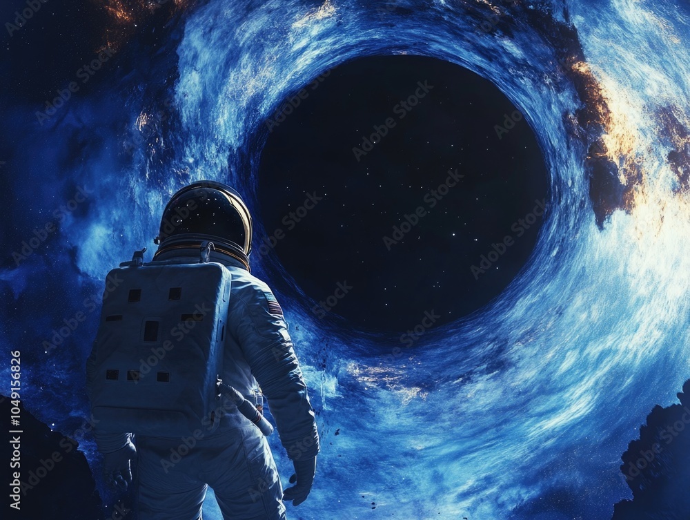 Poster man in a space suit is standing in front of a large black hole. concept of awe and wonder at the vas