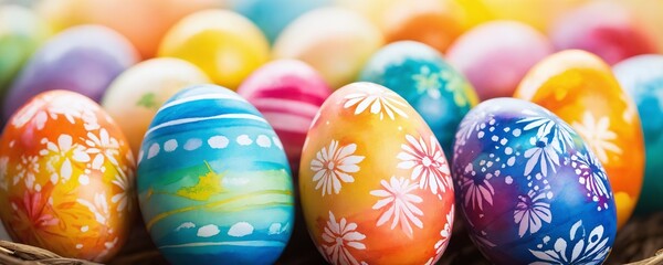 Colorful decorated eggs arranged beautifully in a woven basket for a festive spring celebration