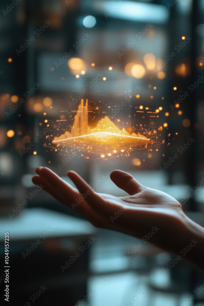 Poster hand is holding a glowing object that appears to be a city. the image has a futuristic and technolog