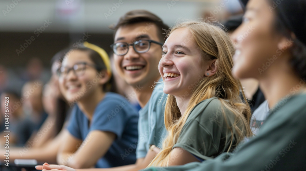 Poster group of students smiling and enjoying a lecture together..