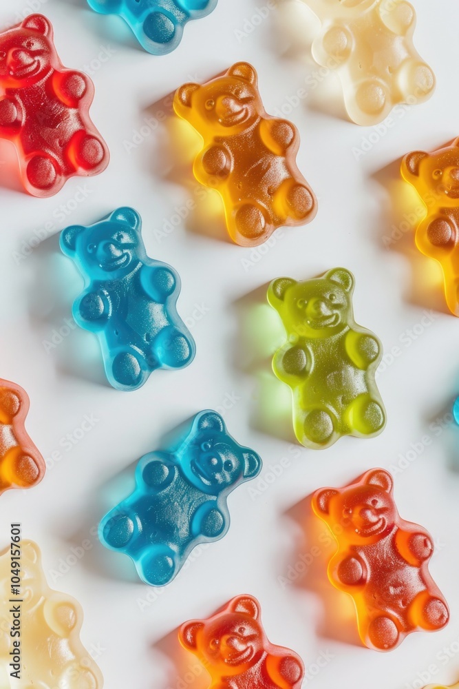 Aufkleber row of colorful bear gummies are arranged in a pattern on a white background. the gummies are of dif