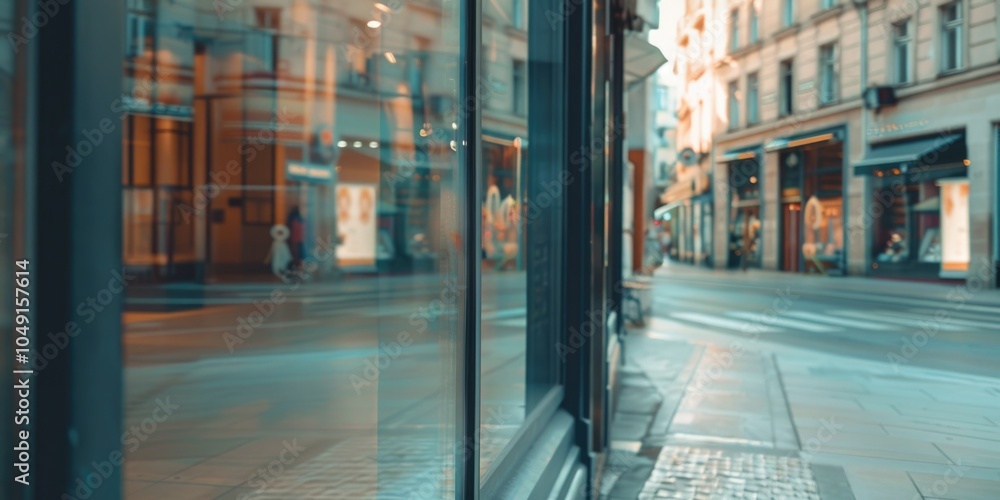 Poster window on a building with a reflection of a person walking in the street. the reflection is blurry, 