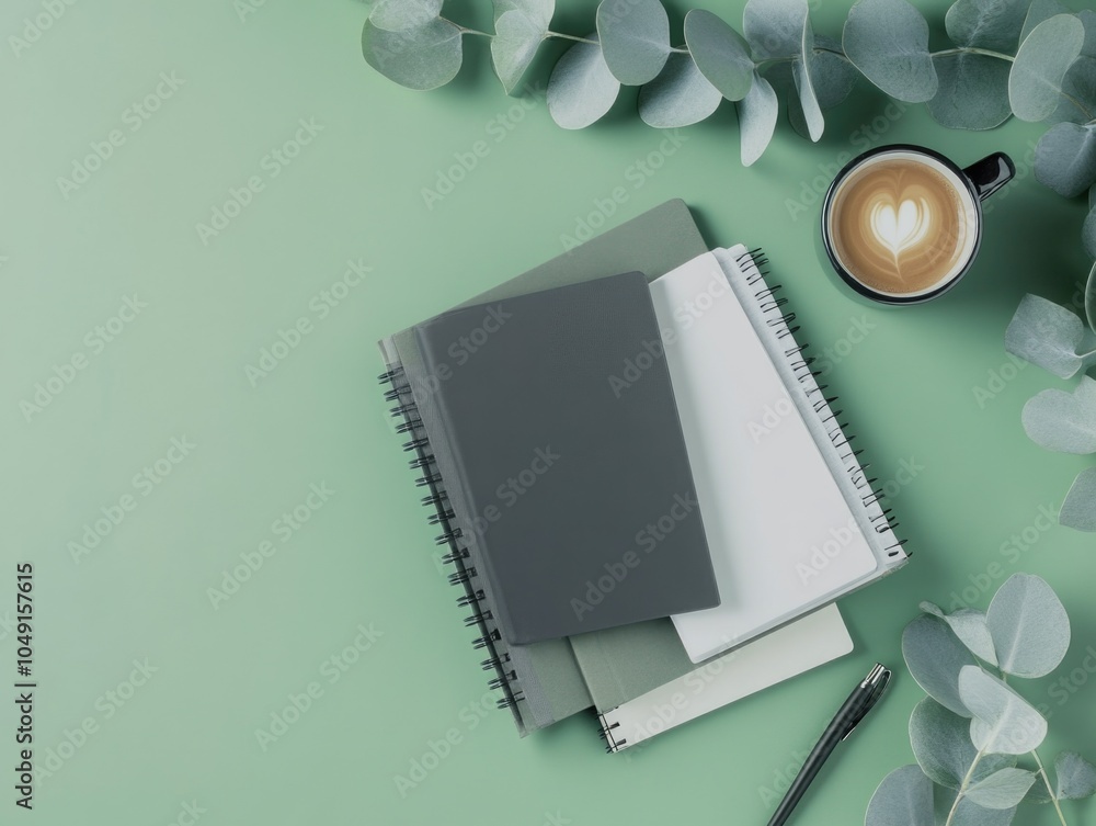 Poster stack of notebooks and a pen on a green table. the notebooks are open and the pen is on top of them