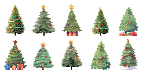 A set of twelve Christmas trees with ornaments and gifts. The trees are all different sizes and are decorated with various ornaments