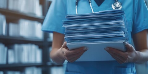 Woman in a blue scrubs is holding a stack of papers. She is a doctor and the papers are medical records