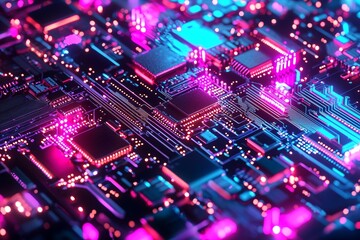 Obraz premium Quantum computing circuits and chips with bright neon lighting