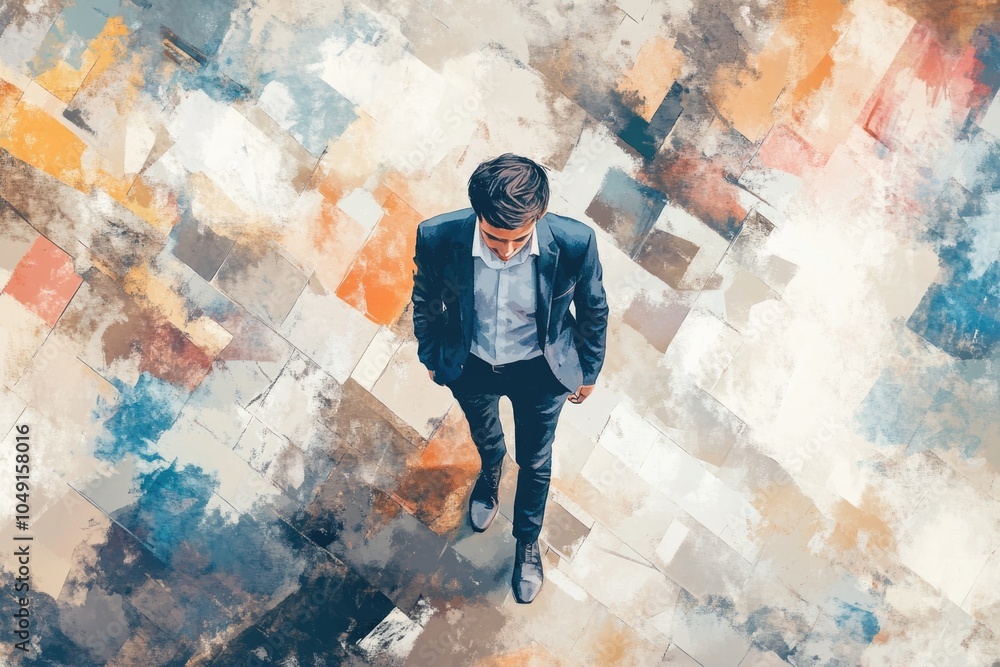 Poster man in a suit is walking on a colorful floor. the floor is a mix of different colors and patterns, c