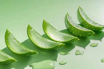 Row of green aloe vera slices on a green background. The slices are cut in half and arranged in a line