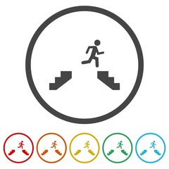 Man jumping over the abyss icon. Set icons in color circle buttons