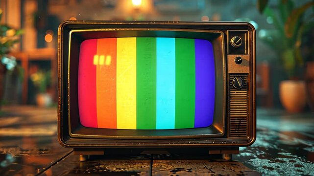 Vintage television displaying rainbow pattern in cozy room, retro technology concept