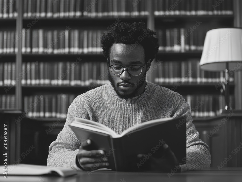 Aufkleber man is reading a book in a library. he is wearing glasses and a sweater. the book is open to a page 