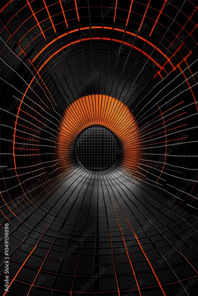 Poster black and orange image of a tunnel with a large orange circle in the middle. the tunnel is dark and 