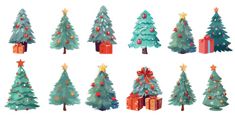 A set of twelve Christmas trees with ornaments and gifts. The trees are all different sizes and are decorated with various ornaments