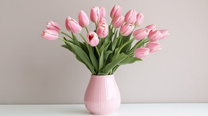 Fototapeta premium Pink tulips in a ceramic vase on a white table. Simple and elegant floral arrangement with space for your own words.