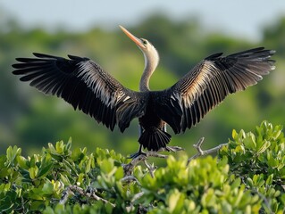 Fototapeta premium Large bird with a long beak is standing on a branch in a lush green forest. The bird's wings are spread wide, and it is in a relaxed and peaceful state