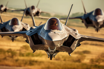 Fototapeta premium Fighter jets flying in formation over open fields during golden hour in a clear blue sky