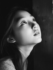 Woman with dark hair and a serious expression. She is looking out of a window. Scene is somber and contemplative