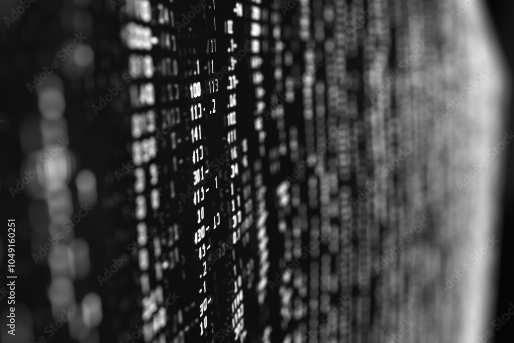 Aufkleber close up of a black and white computer screen with a lot of numbers and symbols. concept of complexi