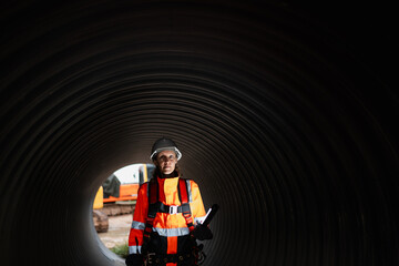 Engineers working inside a large steel pipe. Worker constructing a pipeline for transporting oil, natural gas, and fuel at an industrial facility.