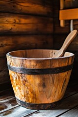 Fototapeta premium Wooden bucket with a wooden spoon in it. The bucket is empty and the spoon is resting on the side of the bucket. The scene is simple and peaceful, with the wooden bucket