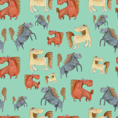 Seemless Pattern -  Little adorable trio of horses on a colored background