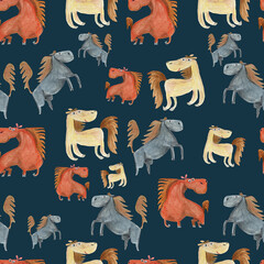 Seemless Pattern -  Little adorable trio of horses on a dark background 