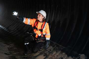 Engineers working inside a large steel pipe. Worker constructing a pipeline for transporting oil, natural gas, and fuel at an industrial facility.