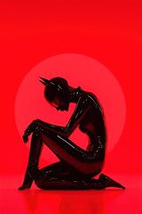 Dark Fantasy Art of Woman Kneeling in Black Latex Suit with Horned Mask Against Red Background and Circular Light