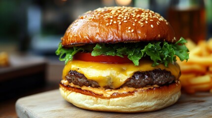 Savory burger with melted cheese oozing between layers of soft bread
