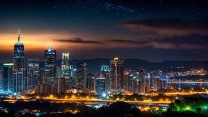 Obraz premium Captivating Bokeh Effect in Dreamy Nightscape with Twinkling City Lights and Glowing Orbs for Atmospheric Backgrounds, Celebrating the Magic of Urban Life and Night Photography