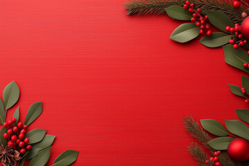 xmas card with branches and cones. red christmas background with festive holly berries and green foliage border