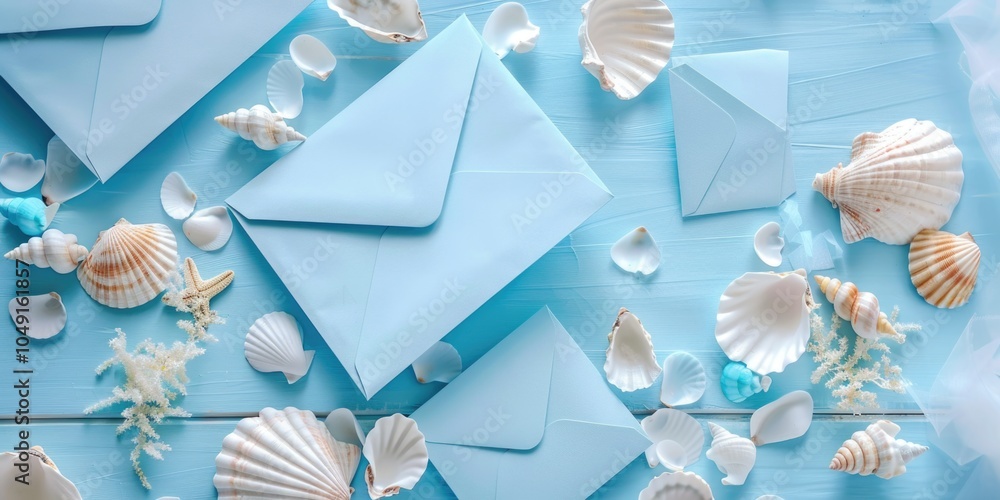 Poster blue background with white envelopes and shells. the shells are scattered all over the background an