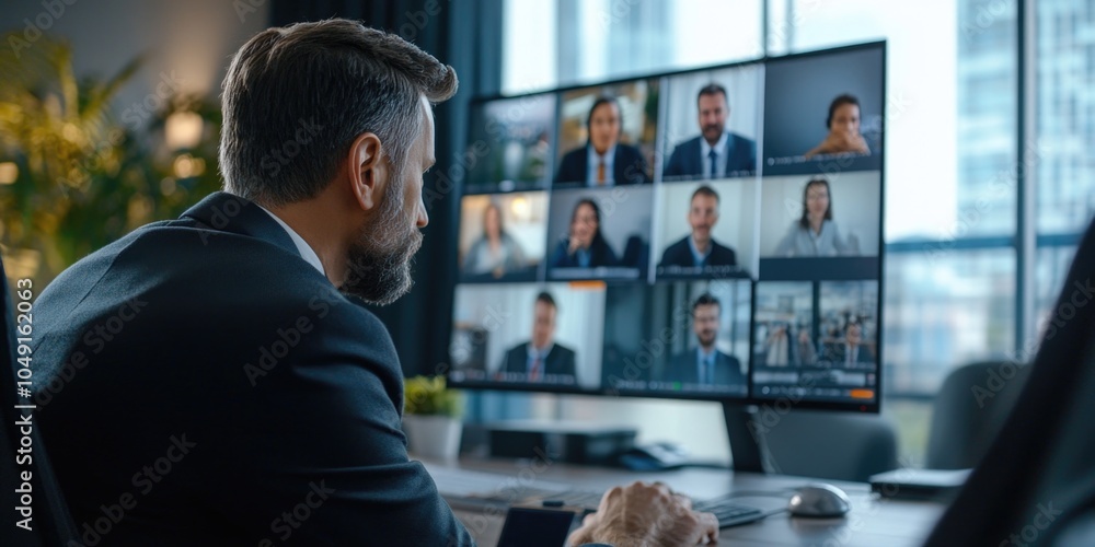 Aufkleber man is sitting at a desk in front of a computer monitor with a group of people on the screen. the ma