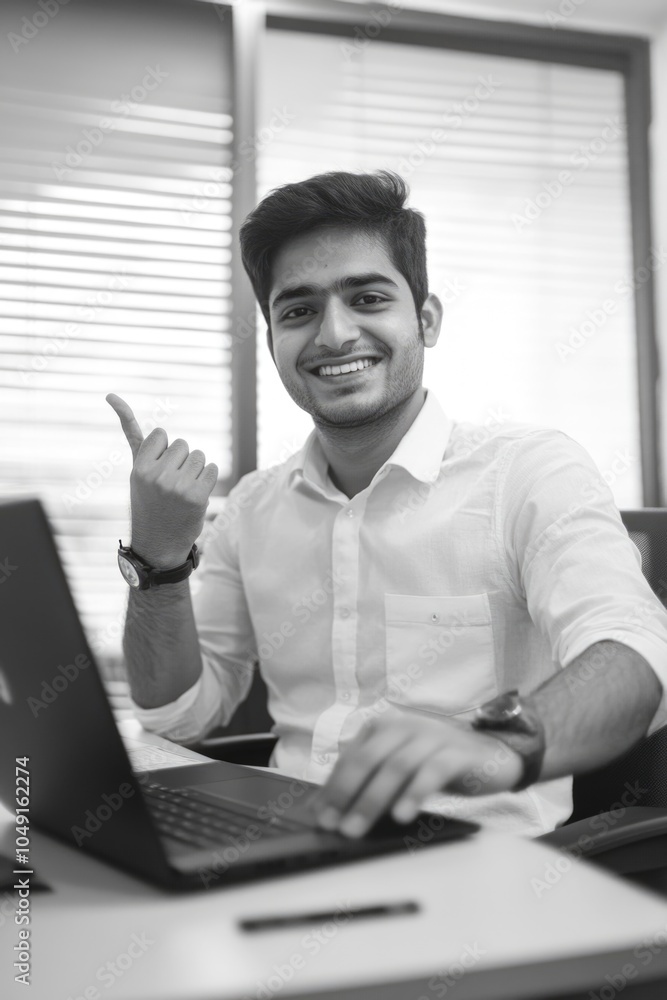 Aufkleber man is sitting at a desk with a laptop in front of him. he is smiling and pointing to the laptop scr