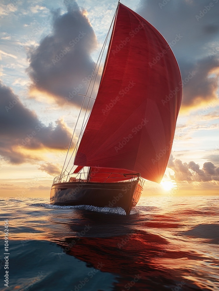 Poster red sailboat is sailing in the ocean with the sun setting in the background. scene is serene and pea