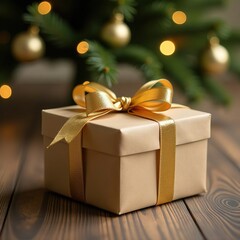 A present with a golden bow stands under the Christmas tree.