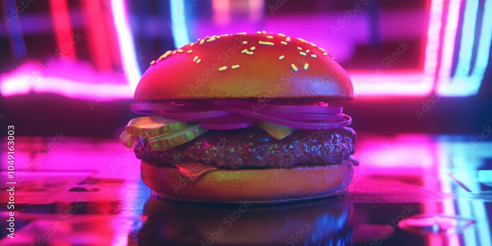 Poster burger with onions and cheese is on a table in a neon light. the burger is glowing and he is a part 